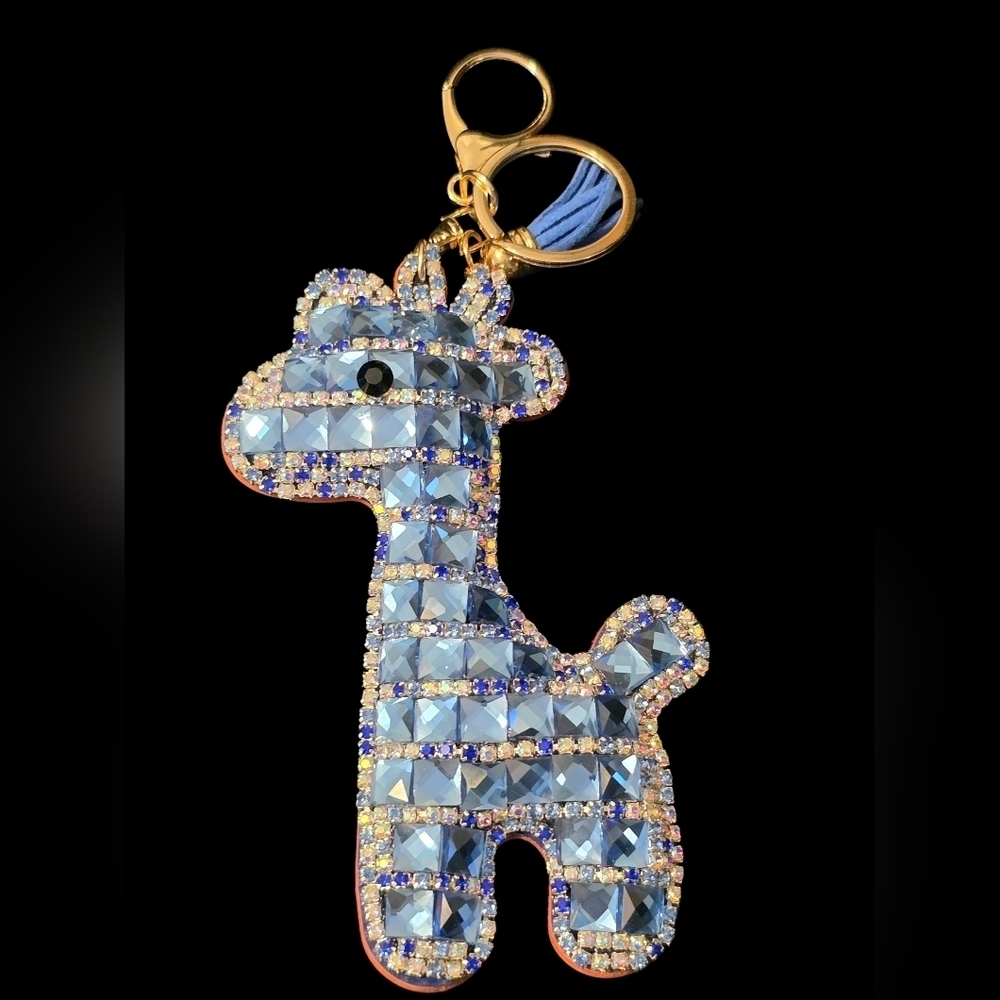 Giant Sparkly Blue Rhinestone Giraffe Bag Charm / Keychain with Tassel